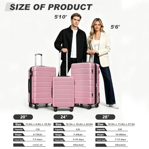 Image of KEYTANG 3-Piece Hardshell Luggage Set(20 /24 /28), Lightweight Expandable Suitcase with TSA Lock and Double Spinner Wheels, 20% Expansion for Extra Packing, Carry-On and Checked Bags, Pink