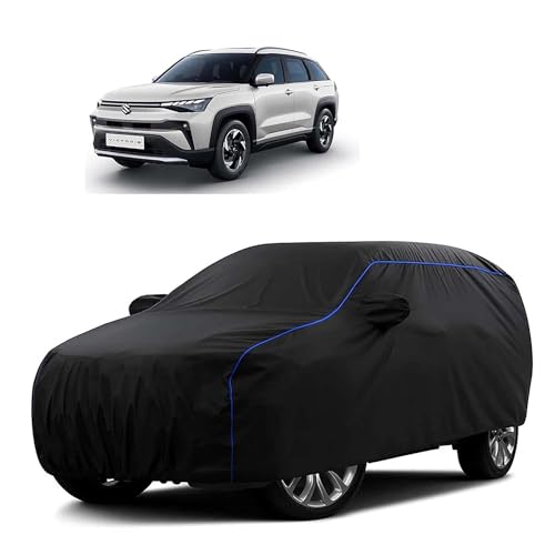 Image of Sulfar 100% Water Resistant Car Body Cover Compatible with Mirror for Maruti Suzuki Victoris (Triple Stitched, Full Bottom Elastic, Black Tafetta with Blue Piping)