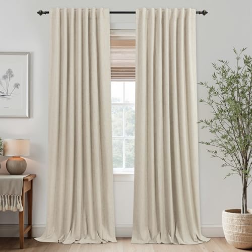 Image of Beige Linen Blackout Curtains Drapes for Living Room, Light Tan Thermal Insulated Lined Pleated Black Out Window Curtain Panels for Bedroom, 52w x 84 Inches Long, Cortinas Para Sala, Warm Sand
