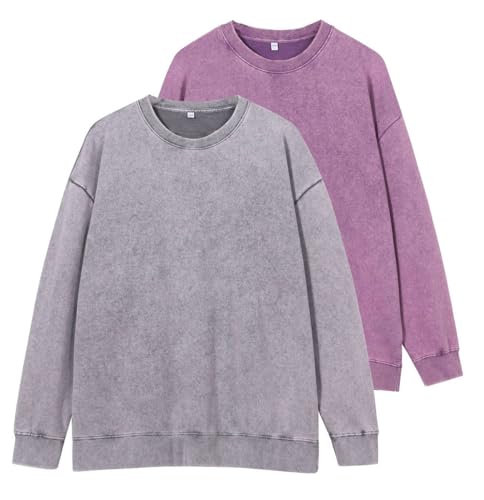 Vintage Oversized Crewneck Sweatshirt for Men Acid Wash Cotton Streetwear Long Sleeves Shirt Pullover Top