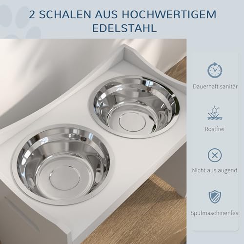 PawHut Erhöhter Hundenapf Höhenverstellbar Futternapf mit Ständer Wassernapf 2 x 2L Edelstahlnäpfen Langsamfutternapf verstellbar Fressnapf Futterstation Hundenäpfe für alle Hundegrößen, Weiß