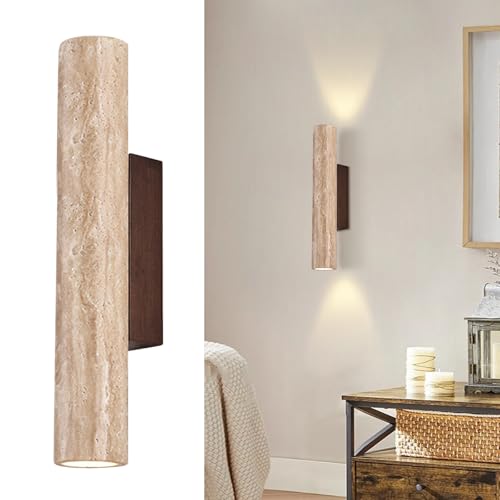 Applique da parete in travertino, lampada da parete cilindrica in pietra con base in legno, G9 su e giù a doppia luce illuminazione da parete moderna di metà secolo(28cm)