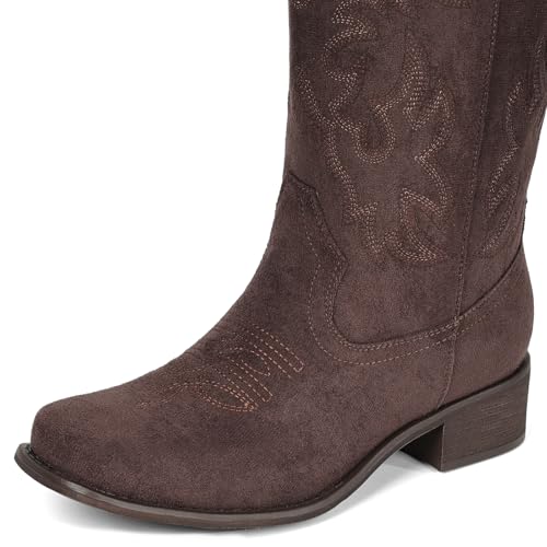 Image of IUV Cowboy Boots For Women Square Toe Wide Mid Calf Western Pull On Suede Fashion Black Brown Cowgirl Boots