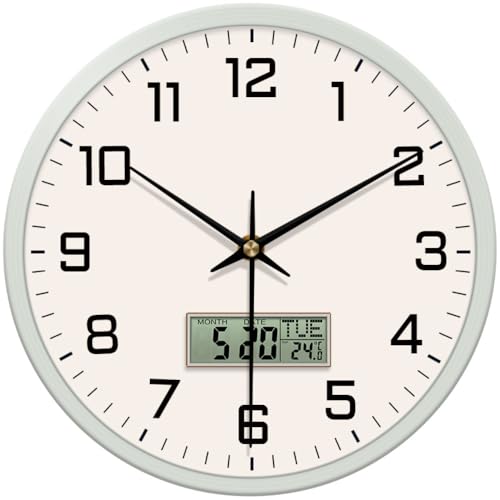 Image of STAR WORK Silent Non-Ticking Wall Clock 12 inch Inch Analog Clock & LCD Display | Calendar Date, Day, Temperature, Operated Decorative Clock for Living Room, Kitchen, Bedroom,Office (White Black Digital)