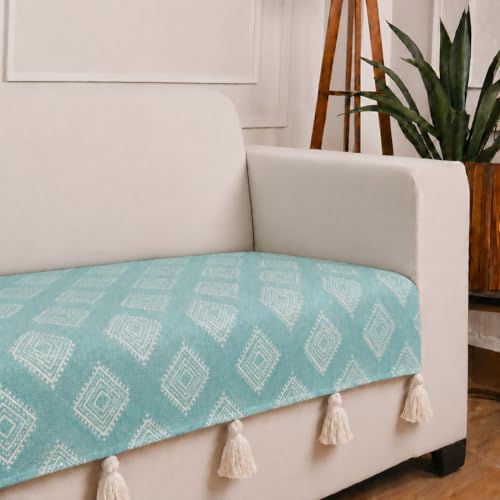 Image of STITCHNEST 'Verdant Rekhika Stories' 2 Seater Sofa Cover| Elegant Jacquard Fabric, Decorative Tassels, Washable & Durable for Modern Living