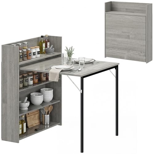 Image of HOMCOM Folding Dining Table, Kitchen Table for 3 People with 4-Tier Shelves, Modern Drop-Leaf Table for Small Spaces, Grey Wood Effect