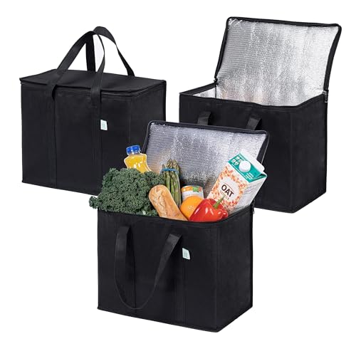 VENO 3 Pack Insulated Reusable Grocery Shopping Bag, Food Delivery, Cooler Bag, Heavy Duty, Large Size, Durable Handles, Dual Tab Zips, Lid, Stands Upright, Collapsible, Sustainable (Black, 3 Pack)