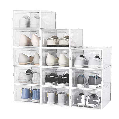 12 Pack Shoe Storage Boxes, Clear Plastic Bins Stackable Shoe Organizer, Drawer Type Shoe Containers, Intuitive Front Opening