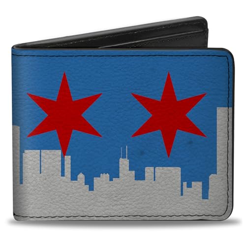 Buckle-Down Men's Wallet, Bifold, Chicago Skyline Flag Distressed Black White Red, Vegan Leather, 4.0