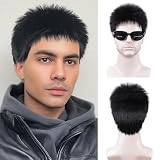 Men's Short Spiky Layered Synthetic Wig, Natural Looking Matte Buzz Cut Wig for Men, Adjustable Cap Daily Wear Cosplay Costume Wigs (Black)