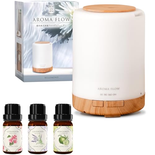 AROMA FLOW -Minamo- (アロマフロー) 加湿器 小型 卓上 アロマディフューザー 超音波式【アロマオイル リラックス3種セット】おしゃれ 木目調 7色LEDライト 3段階タイマー付き 静音 空焚き防止 お手入れ簡単 母の日 女性 ギフト プレゼント | アロマ対応 300ml B1758（Amazon）