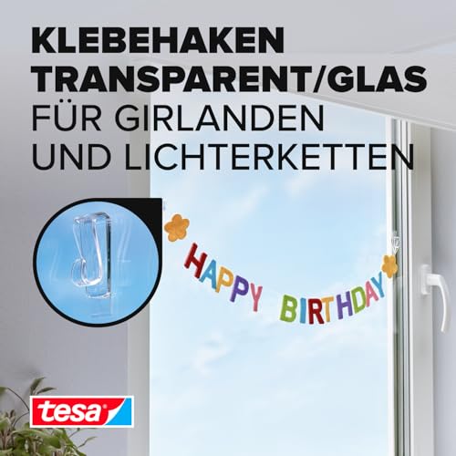 tesa Klebehaken für transparente Oberflächen und Glas (1 kg) - Durchsichtige, selbstklebende Haken - Bis zu 1 kg Halteleistung pro Haken, 2-er Pack