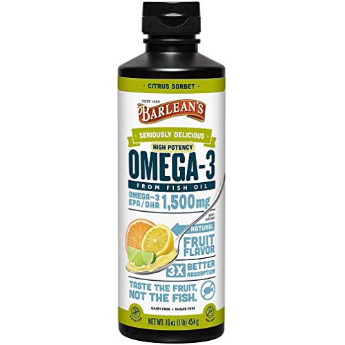 Barlean's Citrus Sorbet High Potency Omega 3 Fish Oil Supplements - 1500mg of Omega 3 EPA/DHA for Brain, Heart, Joint, & Immune Health - All-Natural Fruit Flavor, Non GMO, Gluten Free - 16-Ounce Barlean's Citrus Sorbet High Potency Omega 3 Fish Oil Supplements - 1500mg of Omega 3 EPA/DHA for Brain, Heart, Joint, & Immune Health - All-Natural Fruit Flavor, Non GMO, Gluten Free - 16-Ounce