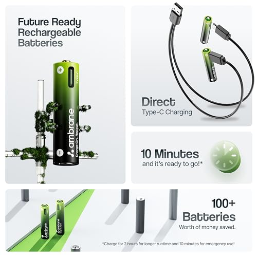 Image of Ambrane AAA Type C Rechargeable Batteries, Pack of 2, 740mAh Lithium Ion Battery, Charge with Any Type C Cable & Adapter, No Separate Charger Required, Save Environment & Money (Reneo, Green)