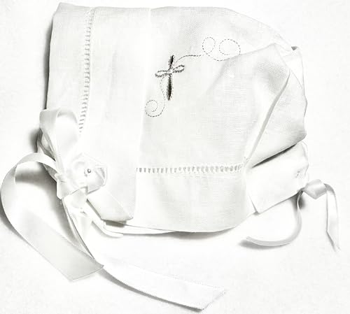 Integrity Designs Baby Linen Keepsake Cross Embroidered Handkerchief Christening/Baptism Bonnet and Gift Card with Envelope