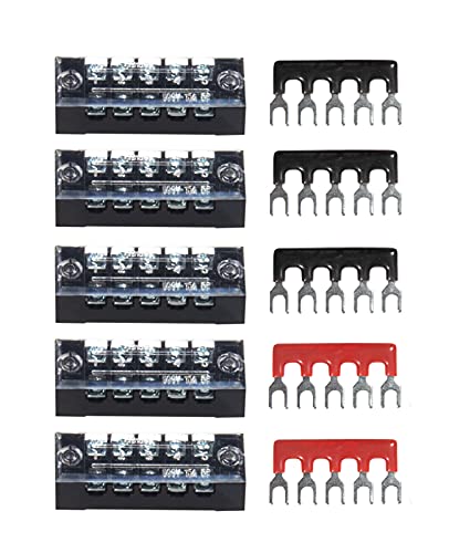 Image of 10pcs (5 Sets) 5 Positions Dual Row 600V 15A Screw Terminal Strip Blocks with Cover + 400V 15A 5 Positions Pre-Insulated Terminals Barrier Strip (Black & Red) by MILAPEAK