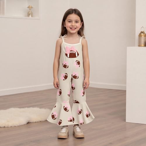 KMBANGI Toddler Baby Girl Football Outfit Rugby Bows Romper Spaghetti Strap Bell Bottoms Jumpsuit Game Day One Piece Clothes2