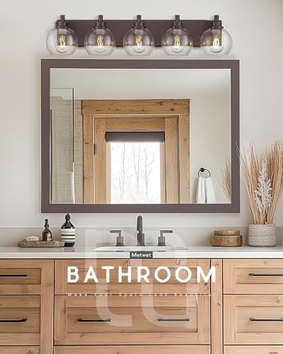 Image of 5-Light Bathroom Vanity Light, Oil Rubbed Bronze, Clear Globe Glass | 32 inch ORB vanity light for 42-54 inches mirrors, clear globe glass shades, E26 base, hardwired, up /down mount, VL195-ORB-5