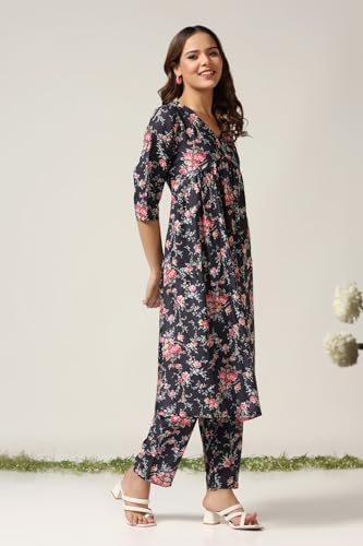 Dhruvi Trendz Women Cotton Blend Fancy Kurta Set Regular Fit Printed (Dt-K2729&P151_Black_3Xl)