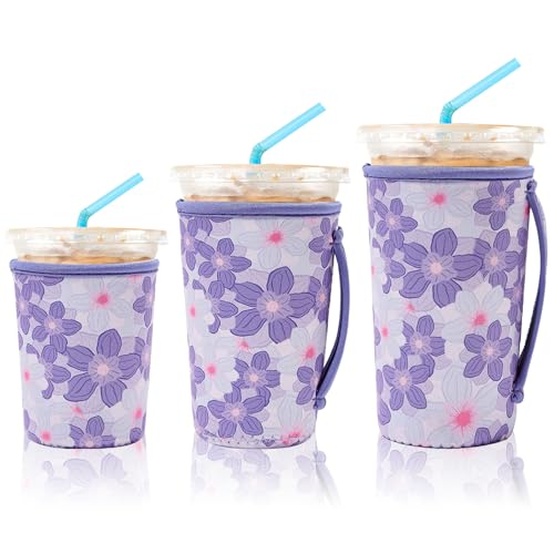 Image of KJQJLY 3 Pack Reusable Iced Coffee Sleeves for Iced Coffee Cups or Drinks Reusable Neoprene Insulated Sleeves for Hot and Cold Drinks from Starbucks, Dunkin, And More (Little Purple Flowers)