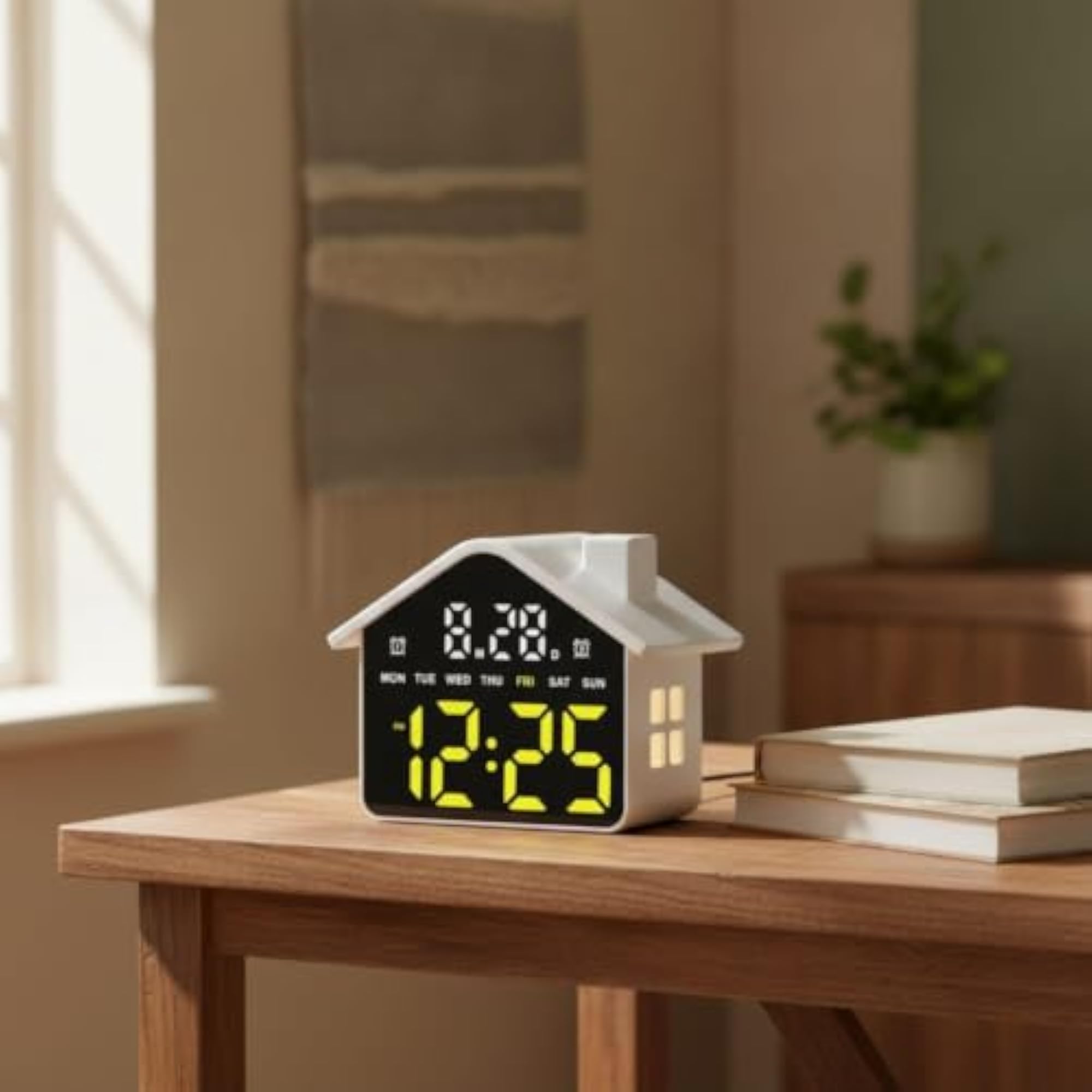 Bright Bedside Clock with Night Light, Compact House-Shaped