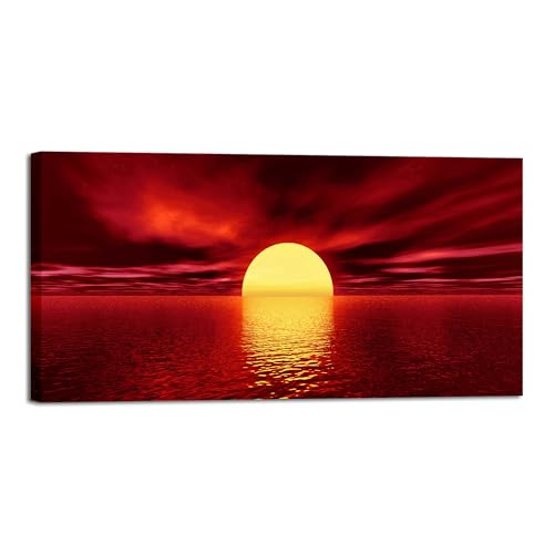 Wieco Art Large 1 Piece Modern Canvas Prints Wall Art Red Sea Pictures Sun Paintings Ready to Hang for Living Room Bedroom Home Decorations Stretched and Framed Seascape Ocean Beach