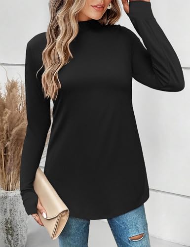 JUSTFASHIONNOW Tunic Tops for Women Casual Long Sleeve Turtle Neck Shirts Thumb Hole Curved Hem Tops Fall Fashion3