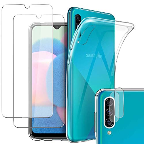 Pengkun Funda para Samsung Galaxy A50/ A30S/ A50S con 2 Cristal Templado 2 Cristal Templado para cámara Trasera Transparente Silicona TPU para Samsung Galaxy A50/ A30S/ A50S
