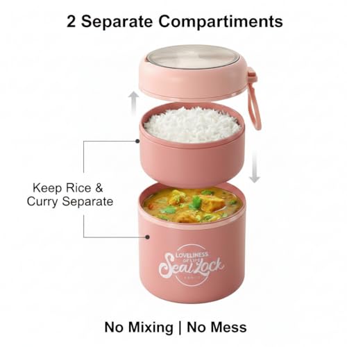 Image of 780ml Stainless Steel Lunch Box with Spoon, Handle, Leak Proof Small Container for Snack, Diet & Prep Food, Stackable Stainless Steel 2 Tier Men's Lunchbox for Work (Pink)