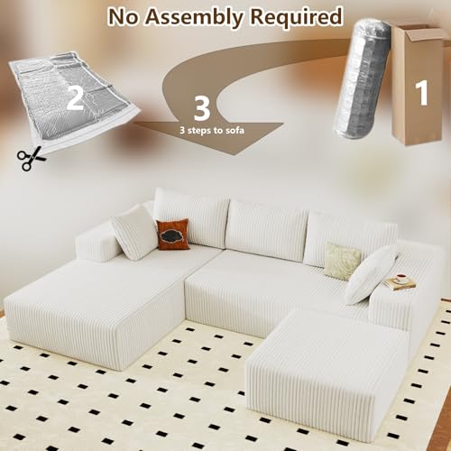Image of 96 inch U-Shape Cloud Couch, Modern Modular Sectional L-Shape Sofa with Ottoman, Corduroy Upholstered Couches Deep Seat Sleeper Chaise Longue for Living Room, No Assembly Required(White, Left Facing)