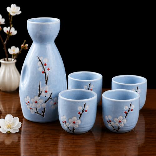 Image of Melbify Japanese Ceramic Sake Serving Set | 1 Pot + 4 Cups| Pot(180 ml) & Cup(45 ml)| Tokkuri Carafe & Cups | Sake Glasses for Drinking | House Warming Gift Set | Anniversary | Couple