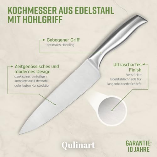 QUILINART Profi-Kochmesser 20 cm – Mehrzweck-Küchenmesser aus 3CR14 Edelstahl, rostfreier Hohlgriff – Spülmaschinenfest – Rasiermesserscharf – Silberfarben