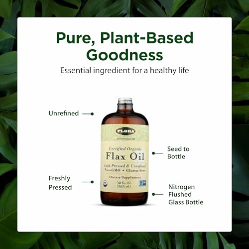 Image of Flora - Flax Oil - Cold-Pressed, Unrefined, Organic Flax Seed Oil - Contains Omega-3 & Omega-6 - Non-GMO & Gluten-Free - Keep Chilled - 32 fl. oz. Amber Glass Bottle (Pack of 3)