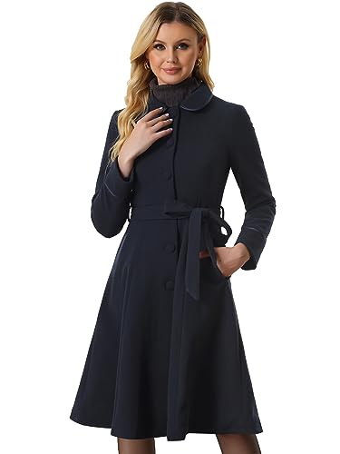 Allegra K Women's Winter Single Breasted Peter Pan Collar Belted Swing Mid-Long Coat, Navy Blue, L