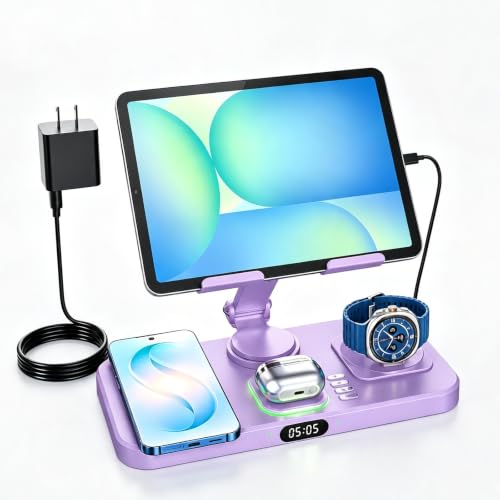 Image of 6 in 1 Charging Station for Samsung Multiple Devices, Foldable Wired Charging Stand for iPad /Tab with Clock & Light, Charger for S26 /S25 Ultra /Z Fold 7 & Buds, Only for Galaxy Watch(Purple)