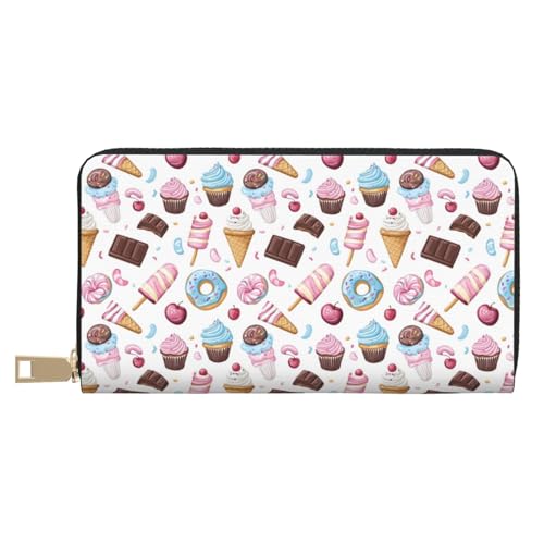 Leather Thin Slim Wallets for Women & Men - Chocolate Donut Ice Cream Print Card Wallet Holder with Zipper