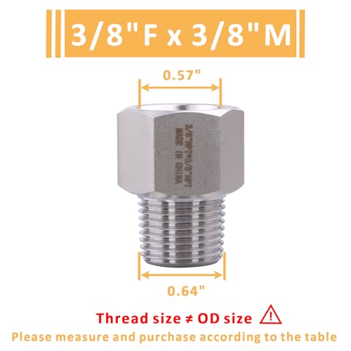 Image of Forged Reducer Adapter Fitting - Stainless Steel 304 Reducing Pipe Connector, 3 /8 inch NPT Female x 3 /8 inch NPT Male (pack of 2)