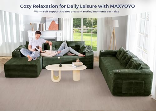 Image of MAXYOYO Modular Sectional Couch with L-Shape Chaise and Loveseat, Modern Boneless Couch for Living Room, Oversized Sofa with Deep Seat, No Assembly Required, Green