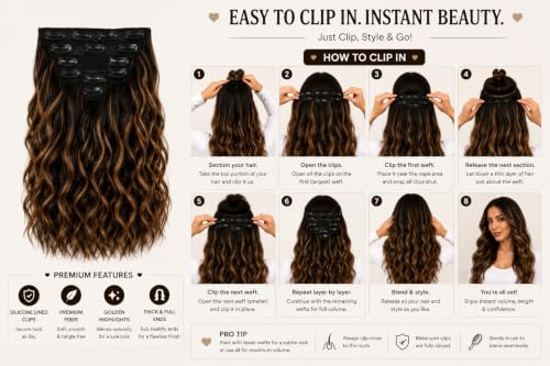 Image of Salon-Grade Clip-in Hair Extensions for Women, Imported Synthetic Hair, 6 PCS with 13 Secure Clips, Instant Volume, Natural Blend, Reusable Hair Volumizer (Brown with Golden Highlights, Curly /Wavy)