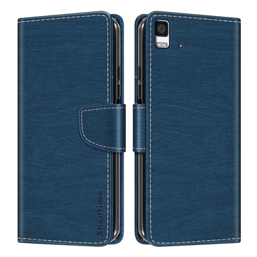 Shantime Funda Cartera de Cuero Compatible con BQ Aquaris E5, Tapa de Color con Ranuras, Cierre Magnético Protección Completa(Celeste)