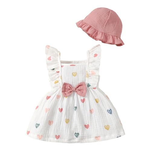 JENJON Conjunto Vestido y Gorro para Niña Pequeña Mangas con Volantes Estampado de Corazones/Flores de Algodón Lino Ropa de Primavera Verano Corazón Blanco Corazón Blanco