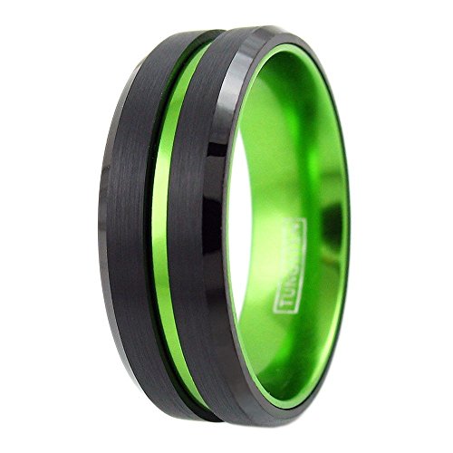 Sublime 6mm/8mm Black Tungsten Carbide Band Ring w/Lime Green Stripe & Matching Lime Green Anodized Aluminum Inner Band.