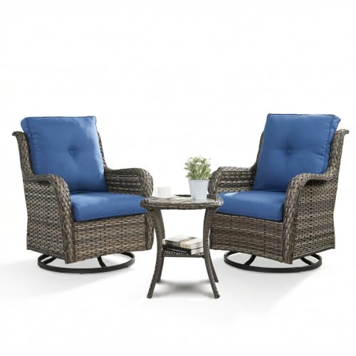 Image of Rilyson Patio Outdoor Wicker Swivel Rocker Chairs Set of 3, Blue Cushion | High Back and Deep Seating, All Weather, Water-Resistant, Removable Cover, Stain-Resistant, for Garden Backyard Deck