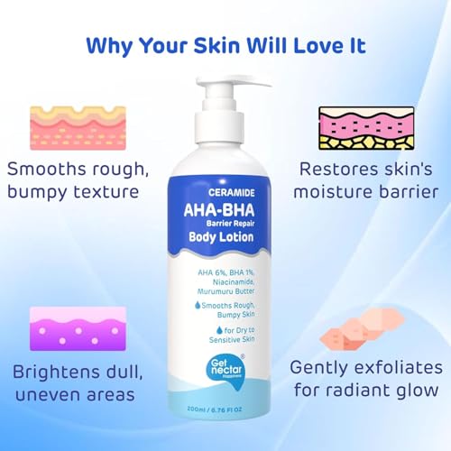 Image of Get- Nectar Happiness Ceramide AHA 6% + BHA 1% Barrier Repair Body Lotion | Exfoliating & Hydrating Moisturizer| 2% Niacinamide, 4% Glycolic Acid, 2% Lactic Acid, 1% Salicylic Acid, Rice Water | 200ml