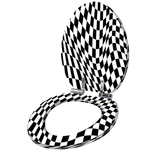 3D Psychedelic pattern warped black white squares Distorted flag Resin Elongated Toilet Seat with Cover Quiet Close Quick Release Hinges Decorative Toilet Seat Easy to Clean Install Home Decor