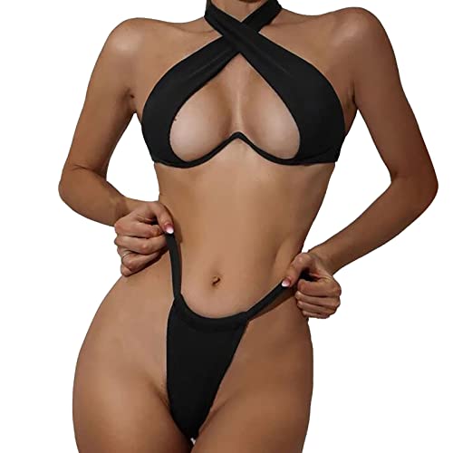 Bikini sexy pour femme noir uni taille haute XL galbe parfait