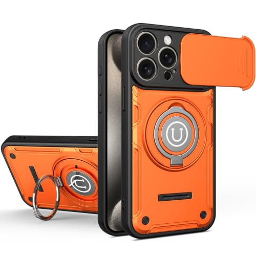 Coque iPhone 15 Pro Max antichoc orange avec béquille et cache caméra