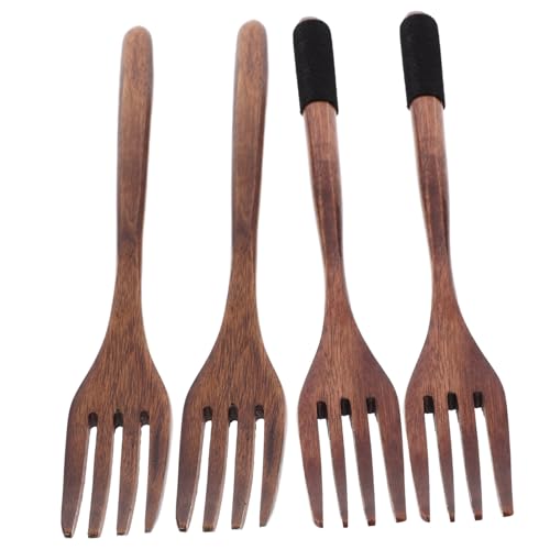 Cabilock 4Pcs Natural Wooden Fork Long Handle Cooking Utensils for Mixing Stirring and Serving Versatile Wooden Forks for Dessert and Beverage Preparation
