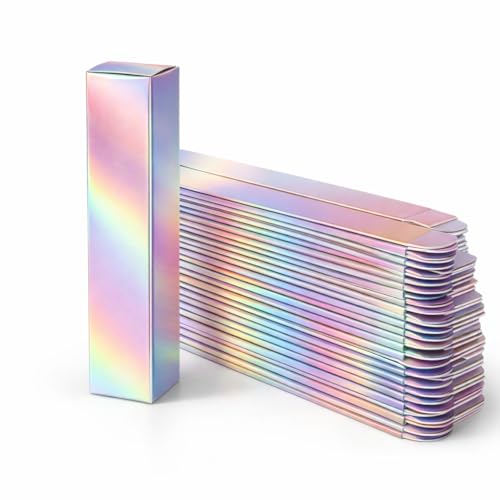Purely Radiant 50 Pack Holographic Silver Lip Gloss Boxes, Empty Cosmetic Packaging 4.6” x 0.98”, Kraft Paper Luxury Boxes for Lipstick, Mascara, Perfume & Gift Wrapping