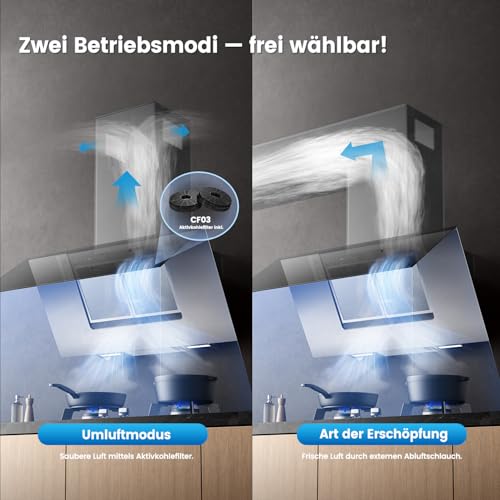 COMFEE’ A++ Dunstabzugshaube 90 cm, 800m³/h Luftstrom, Kopffrei Wandhaube Umluft und Abluft, Touchscreen, Gestensteuerung, 4 Geschwindigkeiten, 68dB, LED, ANGJ72B-90PRO-EU